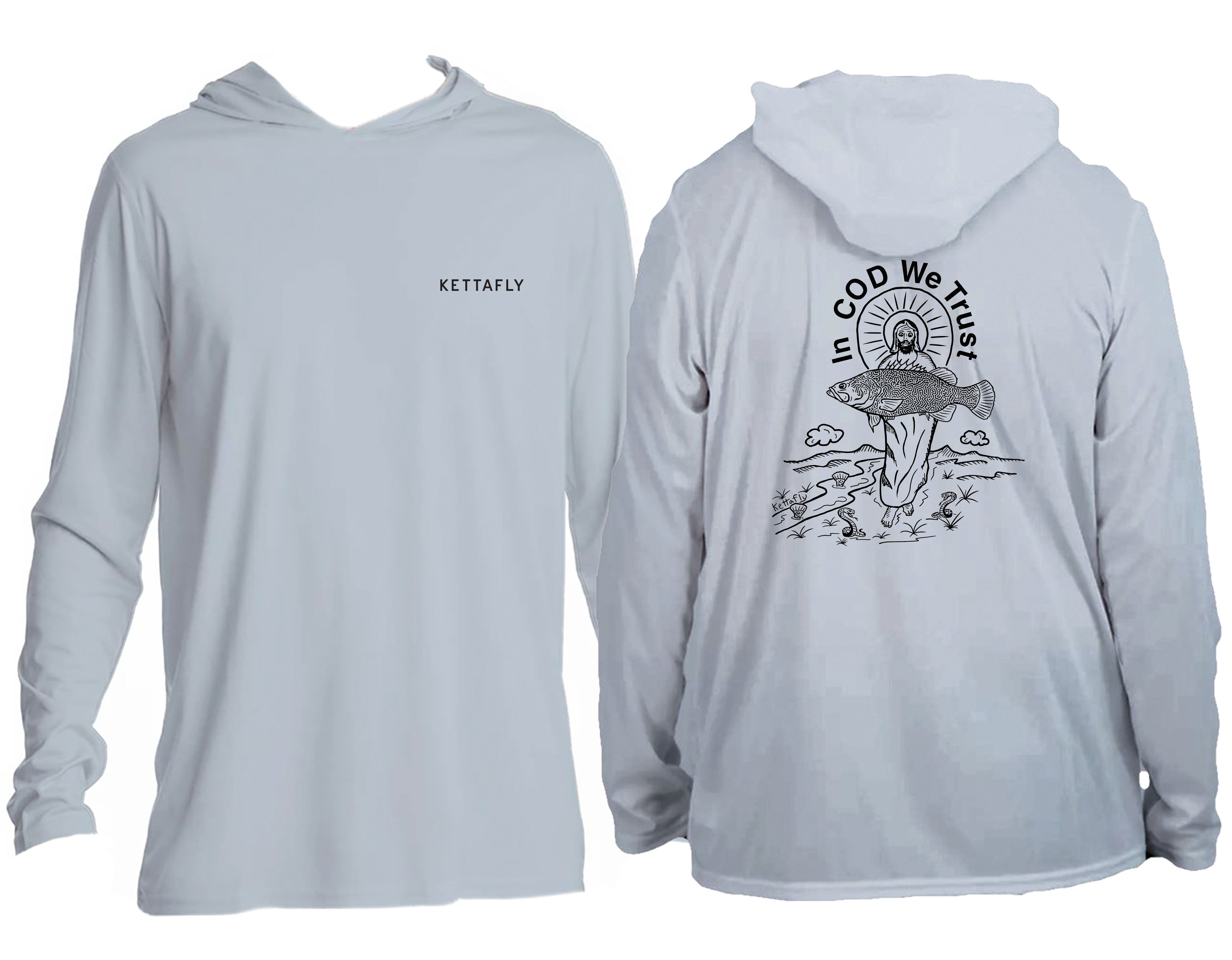 In Cod We Trust Design(pocket & back)  UPF50+ Hooded long sleeve Sun Shirt