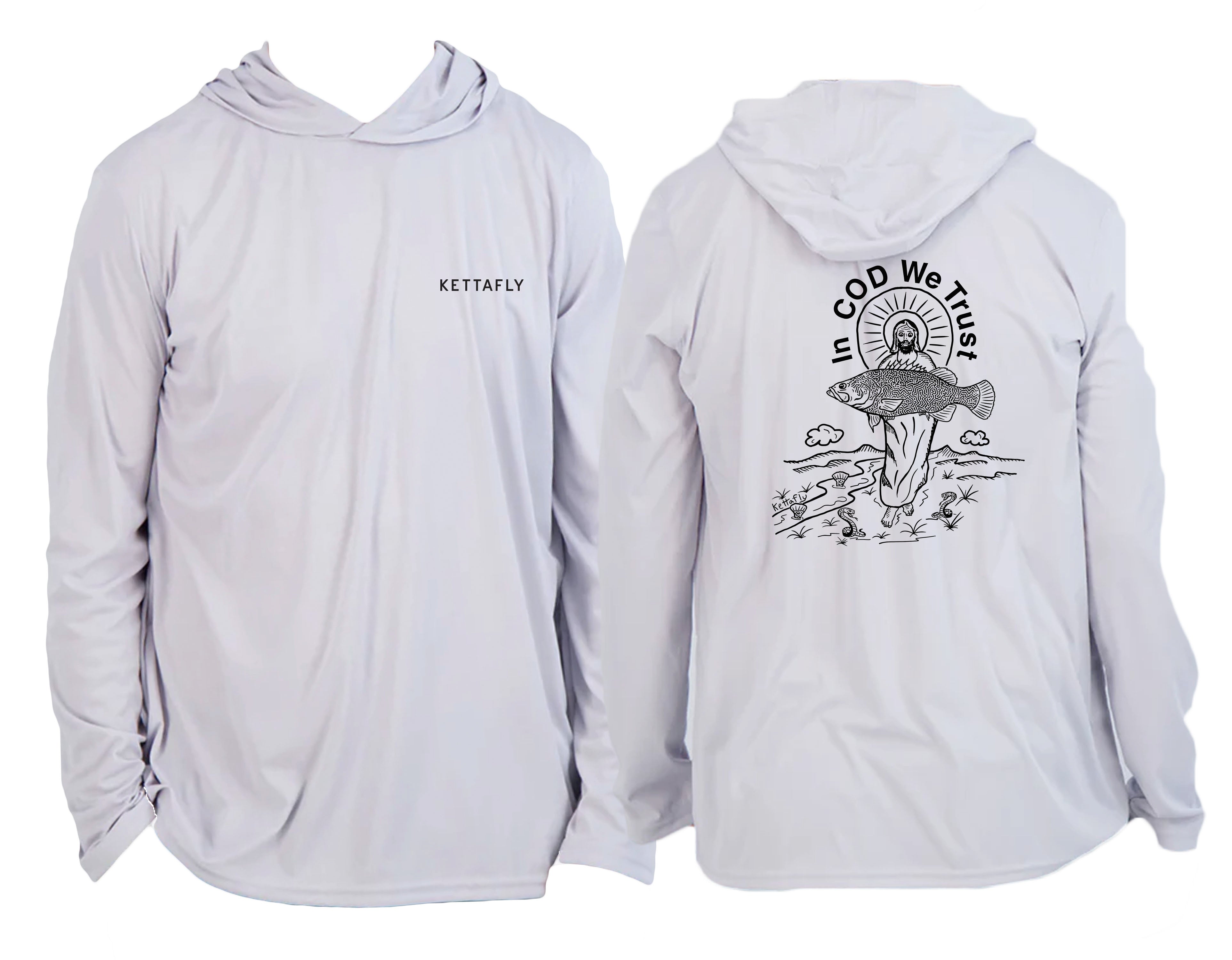 In Cod We Trust Design(pocket & back)  UPF50+ Hooded long sleeve Sun Shirt