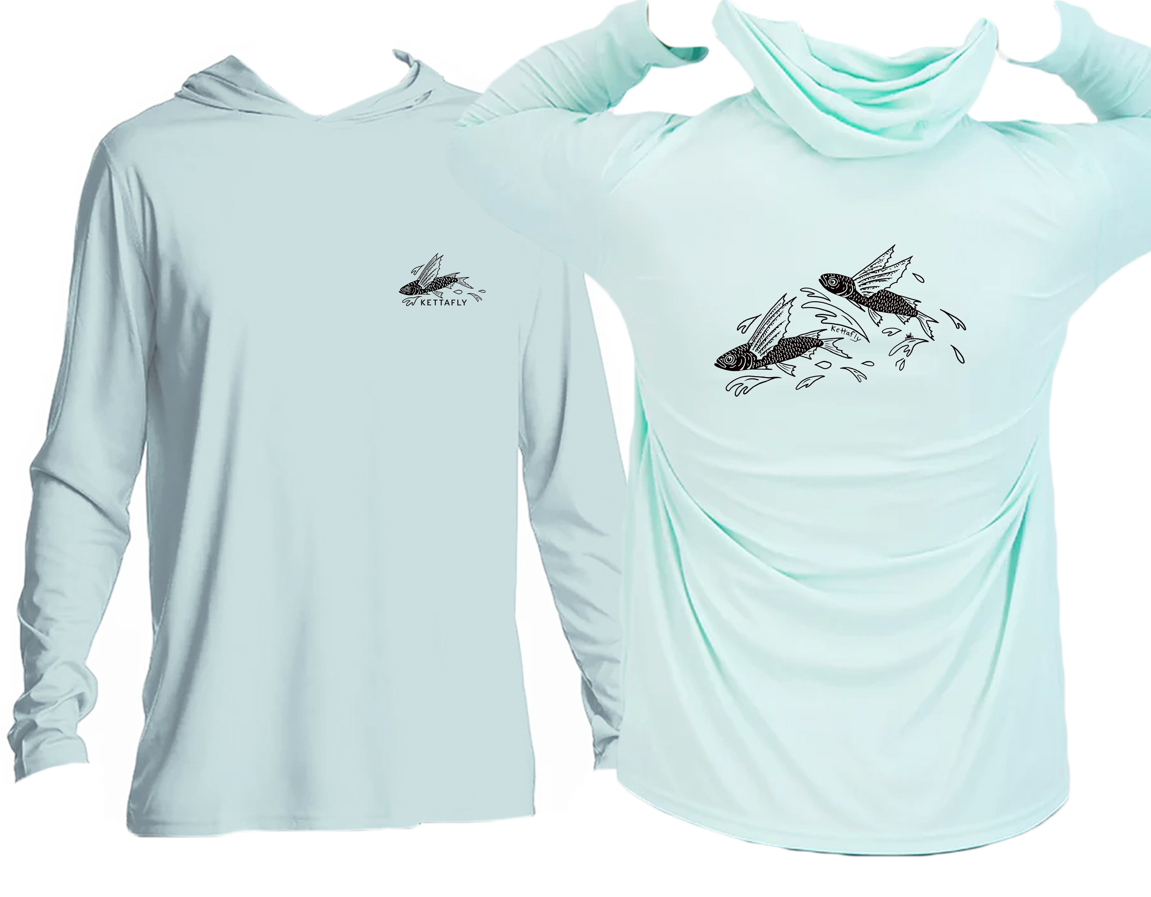 Flying Fish Design (pocket & back)  UPF50+ Hooded long sleeve Sun Shirt